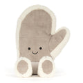 A plush mitten toy in taupe with cream sherpa trim and a simple embroidered smiley face