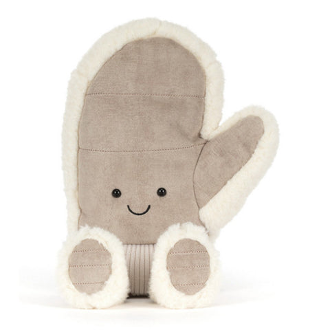 A plush mitten toy in taupe with cream sherpa trim and a simple embroidered smiley face