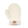 A single cream-colored fleece mitten soft toy with a ribbed beige cuff and a small brown embroidered bear logo on the pull tab