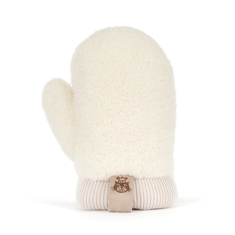 A single cream-colored fleece mitten soft toy with a ribbed beige cuff and a small brown embroidered bear logo on the pull tab
