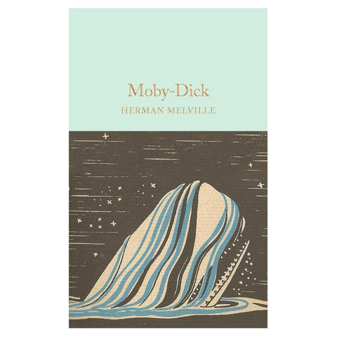 Book cover of 'Moby-Dick' by Herman Melville with a whale illustration on a teal and brown background.