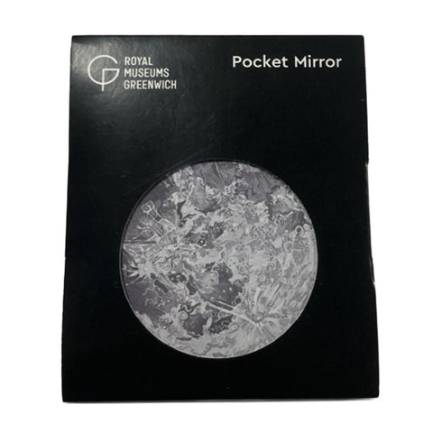 Pocket mirror packaging with 'Royal Museums Greenwich' branding on a black background