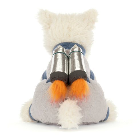 white dog plush toy wearing a space suit and jetpack, back