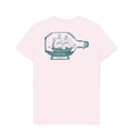 Pink t-shirt with a graphic of a ship in a bottle on a white background