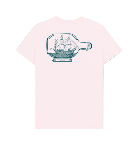 Pink t-shirt with a graphic of a ship in a bottle on a white background