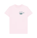 Pink t-shirt with a small graphic on a white of a Royal Museums Greenwich ship in bottle on the chest