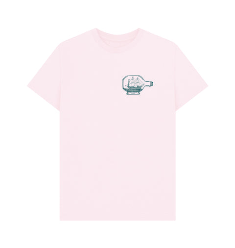 Pink t-shirt with a small graphic on a white of a Royal Museums Greenwich ship in bottle on the chest