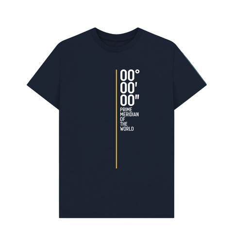 Navy Blue tshirt with Prime Meridian of the World writing and zero degrees longitude logo
