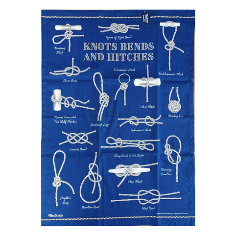 Blue tea towel with white illustrations of knots.