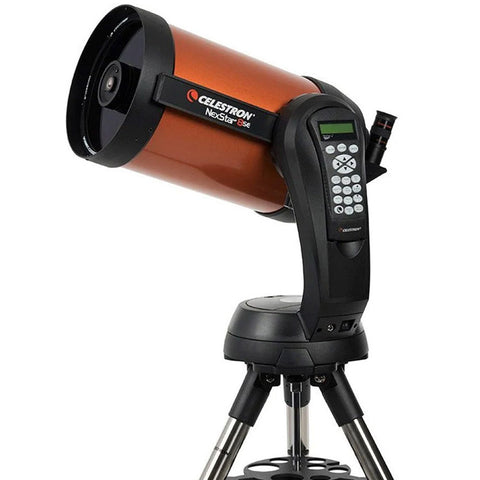 Orange and black telescope with control pad and tripod.