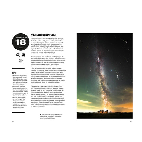 Page from a magazine or book about meteor showers with a photograph of a meteor shower over a landscape.