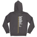 Back of dark grey hoodie with white and yellow Prime Meridian design.