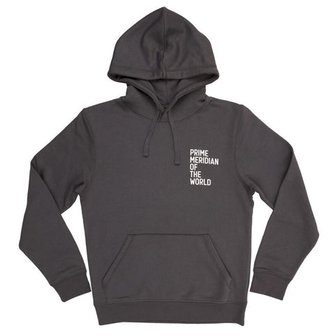 Back of dark grey hoodie with a pocket and a white  Prime Meridian logo on the chest.