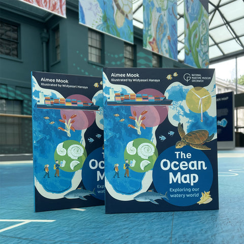 Book titled 'The Ocean Map' by Aimee Mook on a blue floor with a building in the background