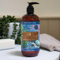 Hand and body wash bottle with 'Ocean Seaweed' label on a bathroom counter.