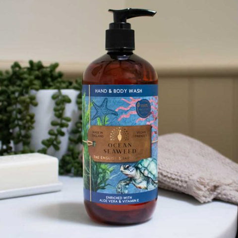 Hand and body wash bottle with 'Ocean Seaweed' label on a bathroom counter.
