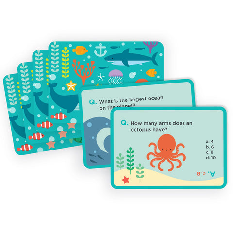 Educational card game with ocean-themed questions and illustrations