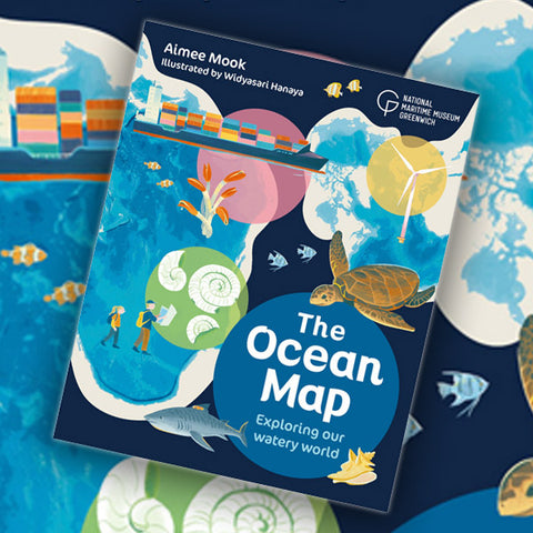 Children's book titled 'The Ocean Map' by Aimee Mook on a blue background with ocean-themed illustrations.