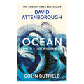 Book cover of 'Ocean: Earth's Last Wilderness' by David Attenborough and Colin Butfield with blue wave design.