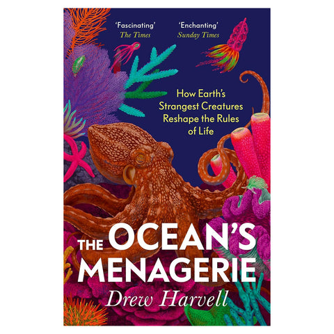 Book cover of 'The Ocean's Menagerie' with an octopus and coral illustration.