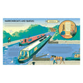 An illustrated informational poster titled 'NARROWBOATS AND BARGES' with a large canal scene, a narrowboat, a barge, birds, and a circular inset labeled 'ODDBALLS'. This is not a clean product photo, not a person-centered lifestyle image, and not a measurement chart, color swatch, or instruction diagram; it reads as a digital/print informational graphic, so subject_type is Other.