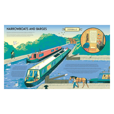 An illustrated informational poster titled 'NARROWBOATS AND BARGES' with a large canal scene, a narrowboat, a barge, birds, and a circular inset labeled 'ODDBALLS'. This is not a clean product photo, not a person-centered lifestyle image, and not a measurement chart, color swatch, or instruction diagram; it reads as a digital/print informational graphic, so subject_type is Other.