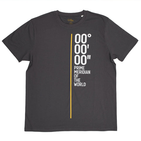 Dark grey t-shirt with a yellow and white Prime Meridian of the World design.