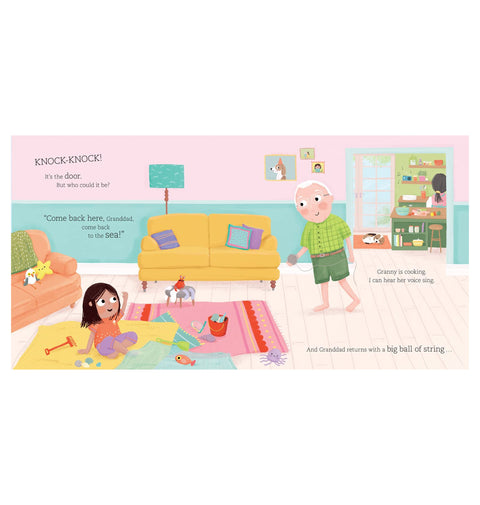 Illustration of a living room scene with two children playing.
