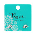 Pair of silver knot earrings on a 'Pom' branded card with floral design