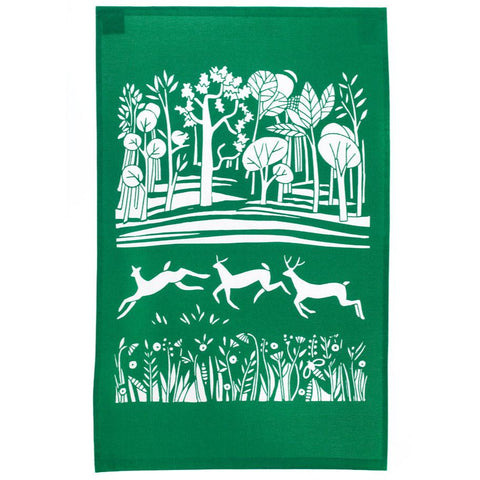 Green and white tea towel with park illustration.