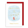 Christmas card with 'peace & joy' text and a small figure in a red coat on a light blue background.