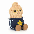Plush toy resembling a peanut character with glasses and a star design jumper
