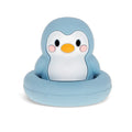 Penguin-shaped bath toy with a blue body 