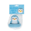 Penguin silicone bath toy in clear packaging with blue label 