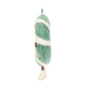 A plush hanging decoration  featuring mint green and white fuzzy stripes, small brown feet, and white boots.