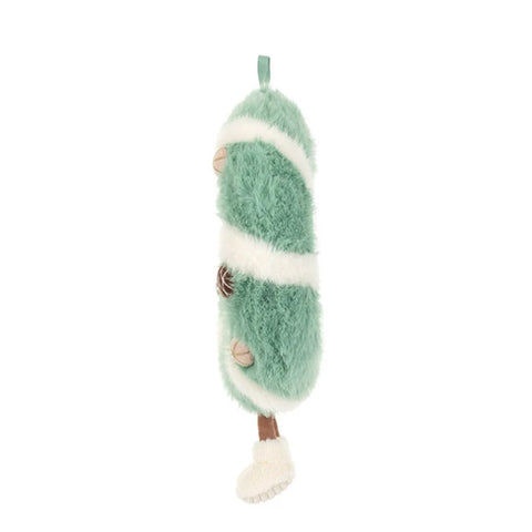 A plush hanging decoration  featuring mint green and white fuzzy stripes, small brown feet, and white boots.