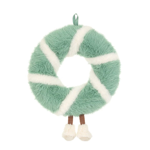 A plush donut-shaped hanging decoration in mint green and white faux fur, with small brown legs and cream-colored feet at the bottom.