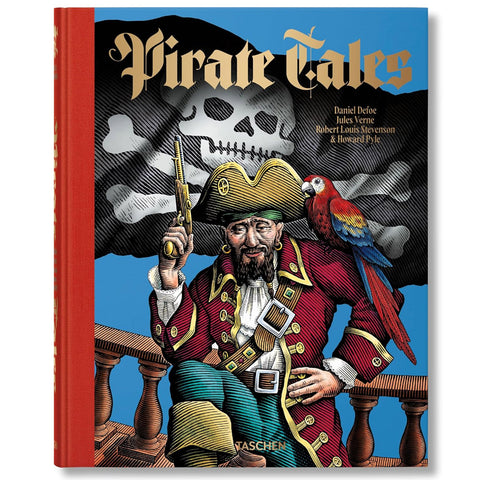 Book cover of 'Pirate Tales' featuring a pirate illustration with a parrot on a blue background.