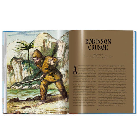 Open book showing a illustration of Robinson Crusoe and text on the right.