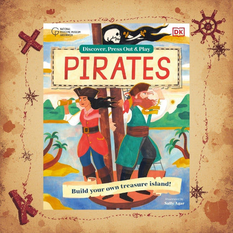 Book cover of 'Pirates' with illustrations of two pirates on a treasure island, featuring DK Publishing.
