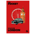 Book cover with Big Ben, London Eye, and black taxi on a red background
