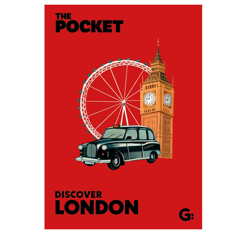 Book cover with Big Ben, London Eye, and black taxi on a red background