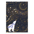 A Christmas greeting card featuring a dark navy blue background decorated with gold and white stars, a gold crescent moon, and fireworks. The text 'merry CHRISTMAS' appears at the top, and a white polar bear wearing a lavender scarf is illustrated at the bottom left.