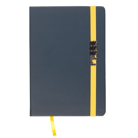 Grey hardback notebook with yellow elasticated band and metal Prime Meridian of the World logo badge.