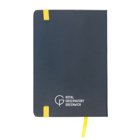 Back view of grey hardback notebook with yellow elasticated band and printed white Royal Observatory Greenwich logo. 