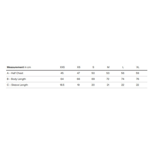 Measurement chart for clothing sizes XXS to XL in centimeters