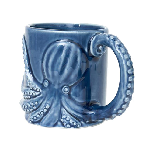 Blue ceramic mug with octopus relief design 