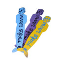 Three stylized mer-man bookmarks in blue, lilac, and yellow with 'make waves' text on 