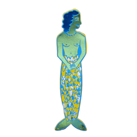 Colourful mermaid bookmark with blue hair and yellow patterned tail 