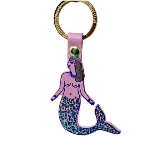 Pink Mermaid keychain with a pink top and green tail 